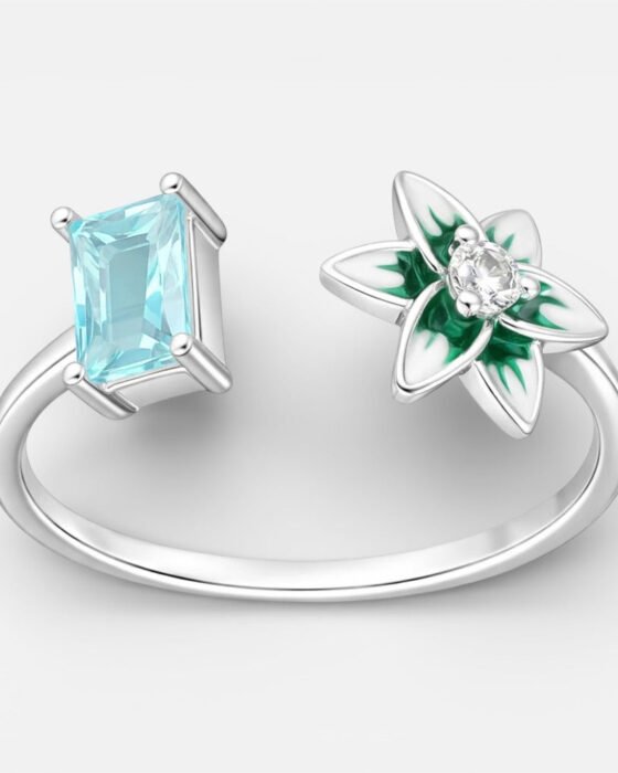 Anillo Ajustable Flor Circón Baguette Agua Marina