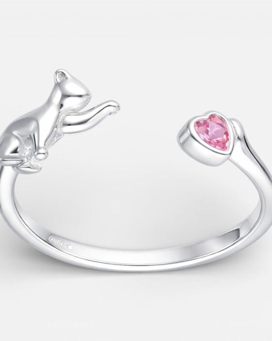 Anillo Ajustable Gatito Corazón Circón Rosa Francia