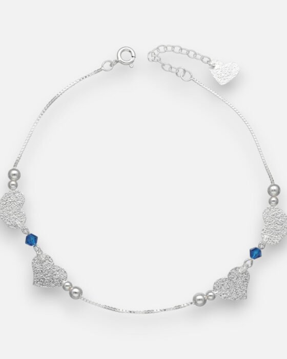 Tobillera Cristales Azules Esferas Corazones Martillados
