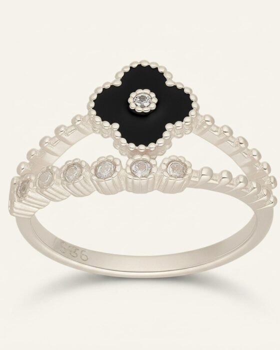 Anillo Trébol Ónix Plata