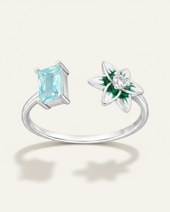 Anillo Ajustable Flor Circón Baguette Agua Marina