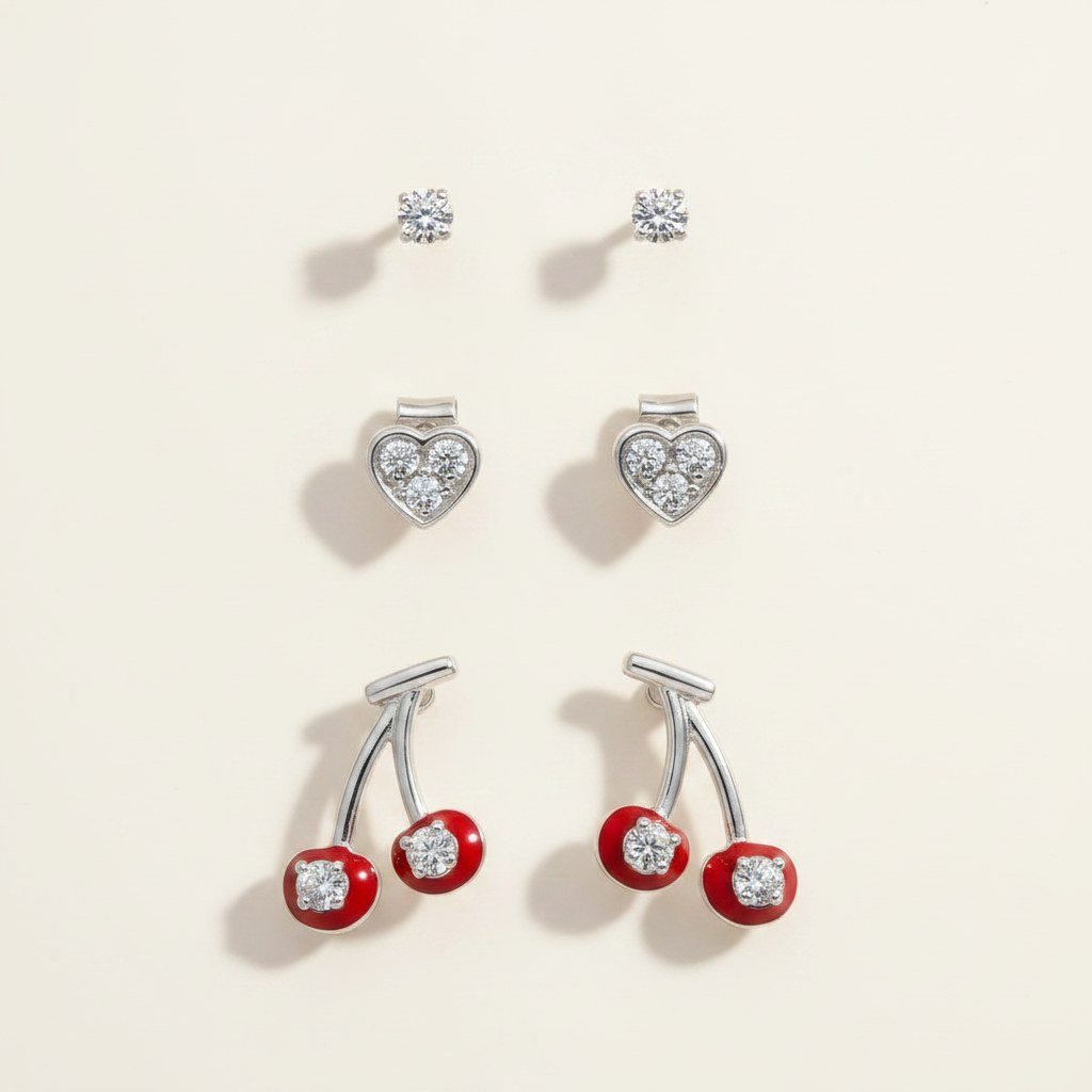 Set Aros Minimalista Cerezas Circones Plata - vista principal sobre fondo blanco calido