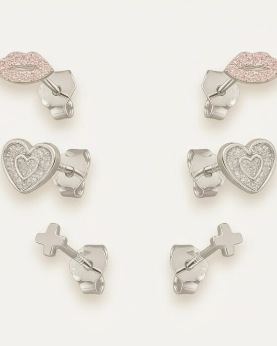Aros de Plata Corazón, Labios y Cruz con Circones
