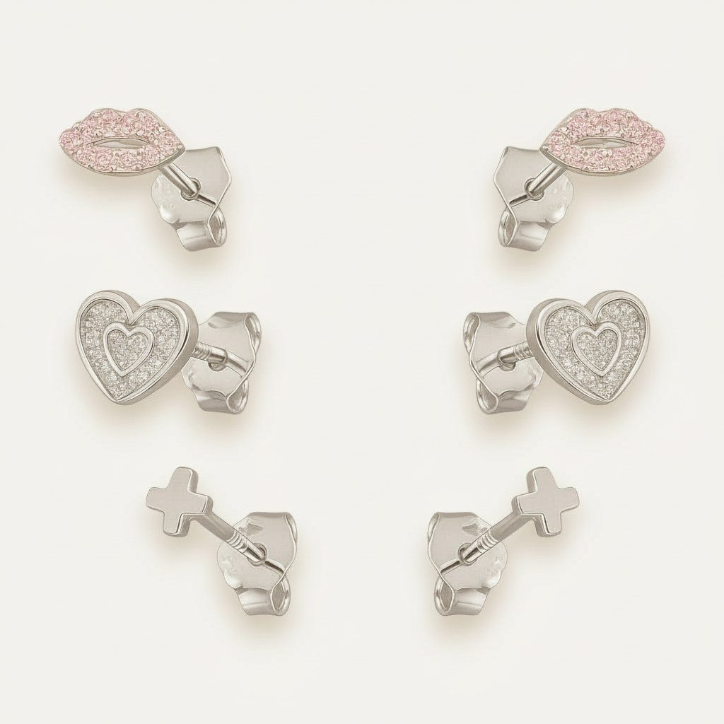Set Aros Minimalista Corazón Labios Cruz Circones Plata - vista principal sobre fondo blanco calido