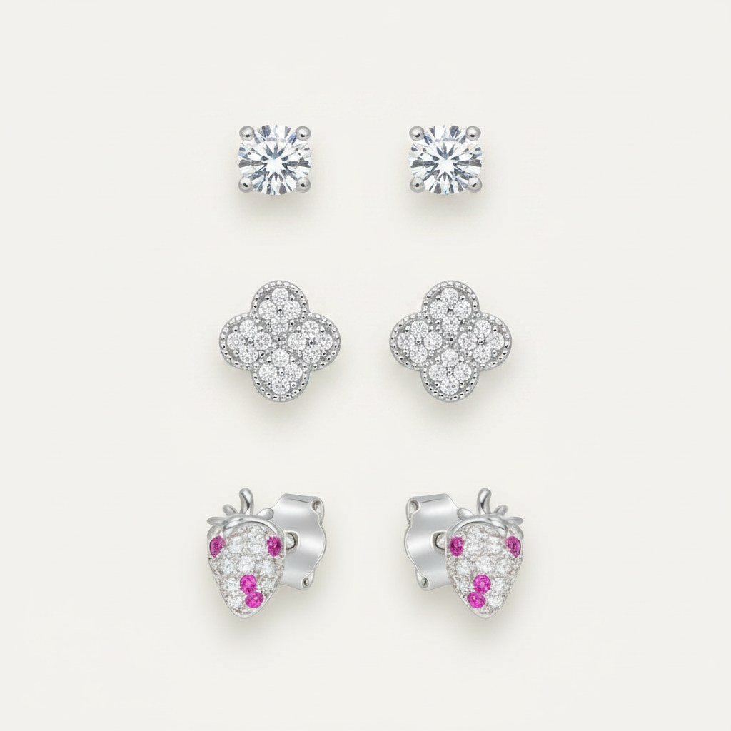 Set Aros Minimalista Frutilla Trébol Circones Plata - vista principal sobre fondo blanco calido