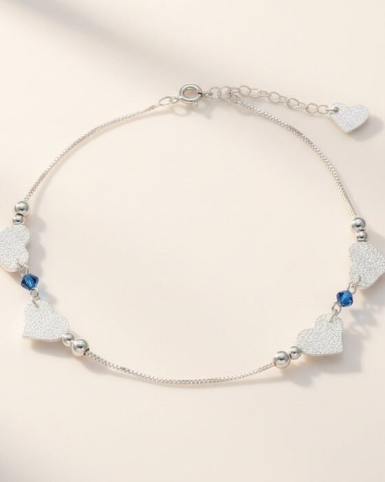 Tobillera Cristales Azules Esferas Corazones Martillados