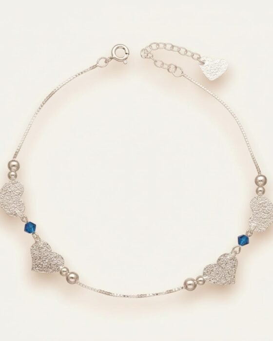 Tobillera Cristales Azules Esferas Corazones Martillados